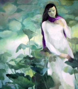 Tranh sơn dầu "Cô giá choàng khăn tím" của Tôn Nữ Tường Hoa